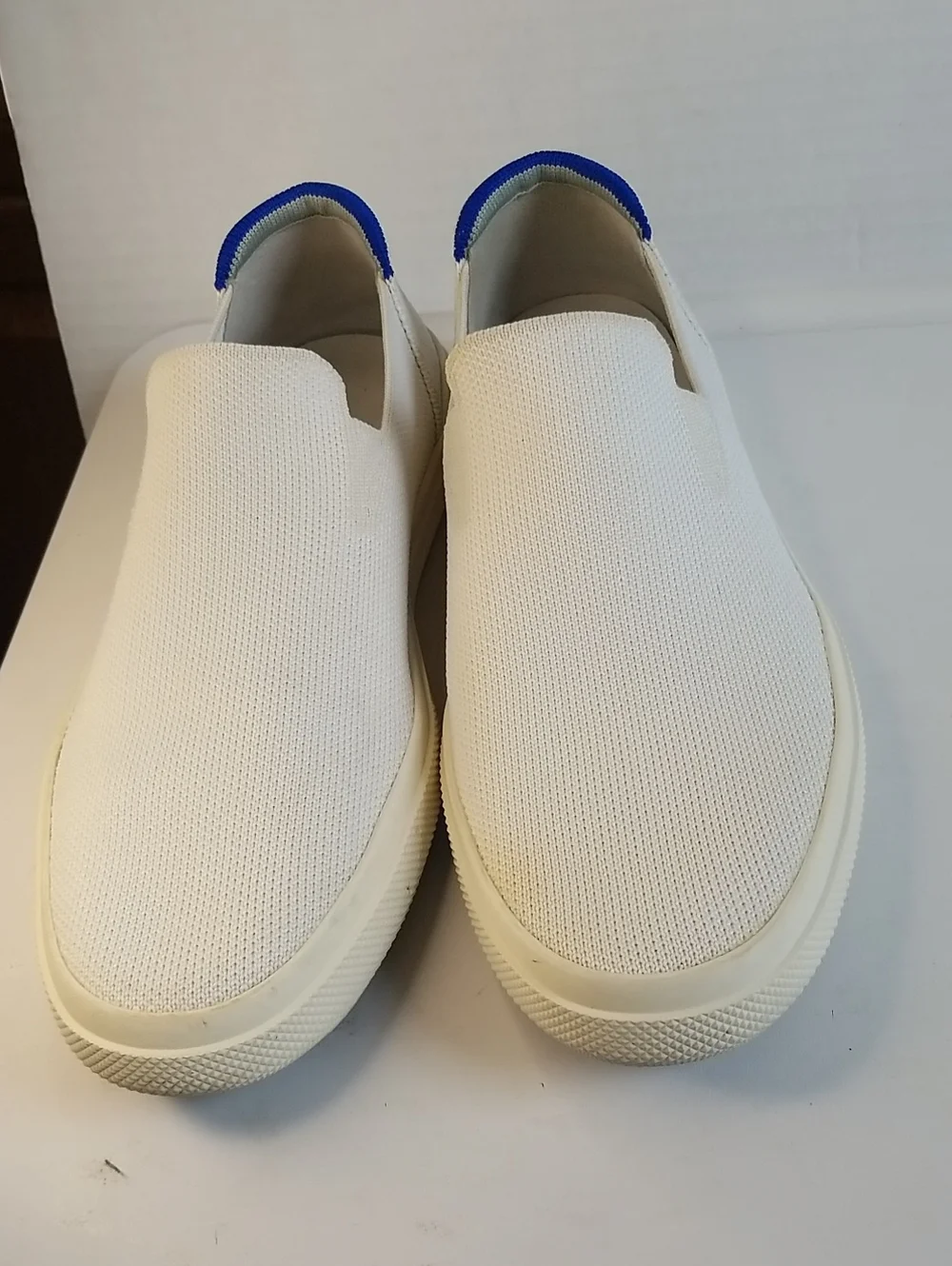 Rothy's White Slip-On Knit Loafers with Blue Heel Tab For Women and Men